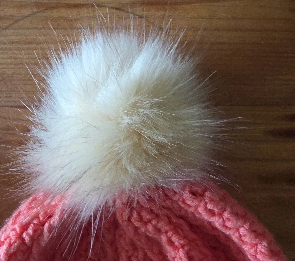 Womens Or  Teen Coral Earflap Knit Hat with Cream Faux Fur Pom Pom